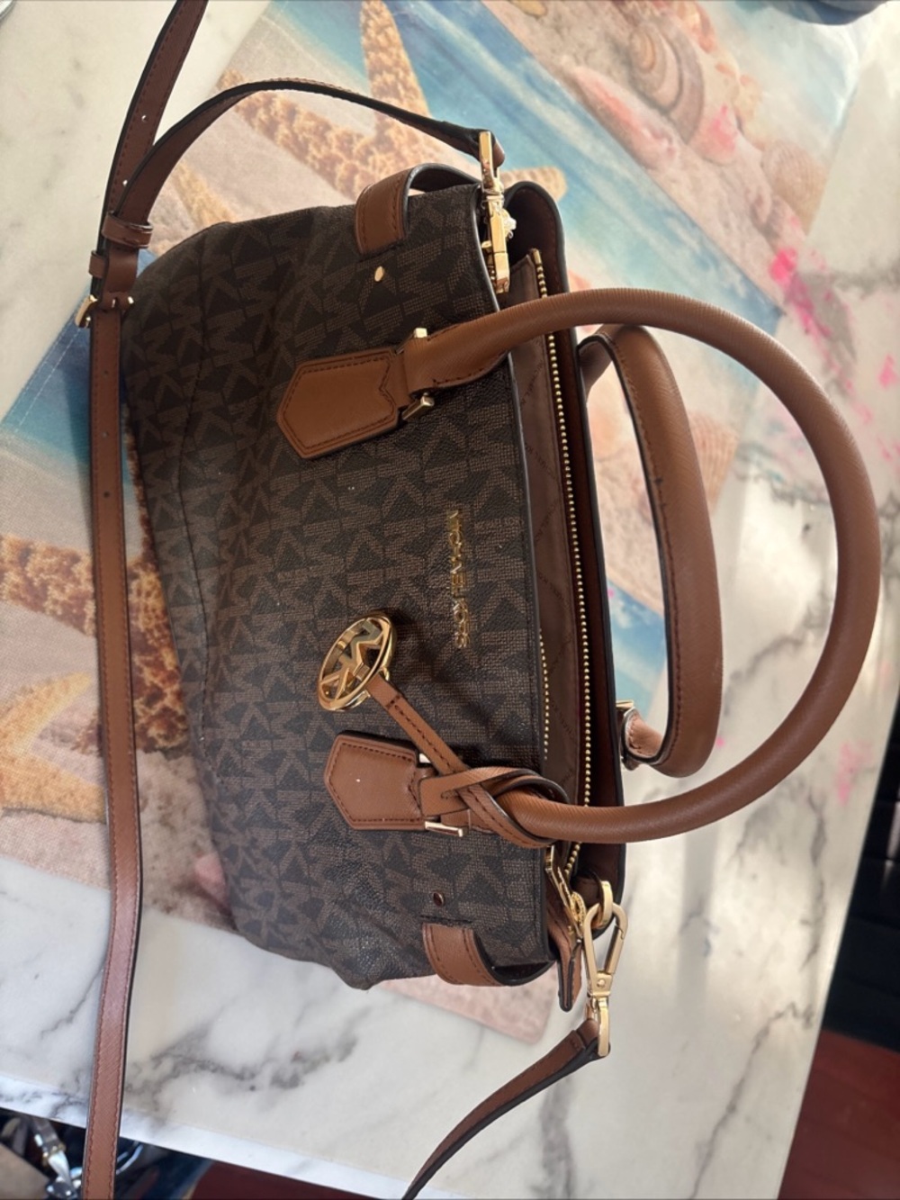 Michael Kors Brown Monogram Duffel with Tan Leather Trim - Picture 2 of 16